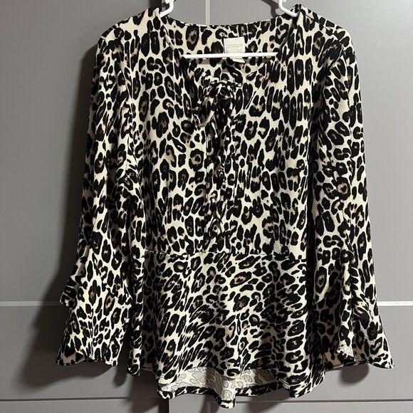 Chico’s Women Lace Up Animal Print Cheetah Flutter 3/4 Sleeve Blouse 2 (US L) - Picture 1 of 7